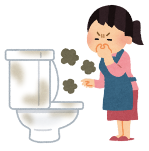 臭いトイレと鼻をつまむ女性のイラスト